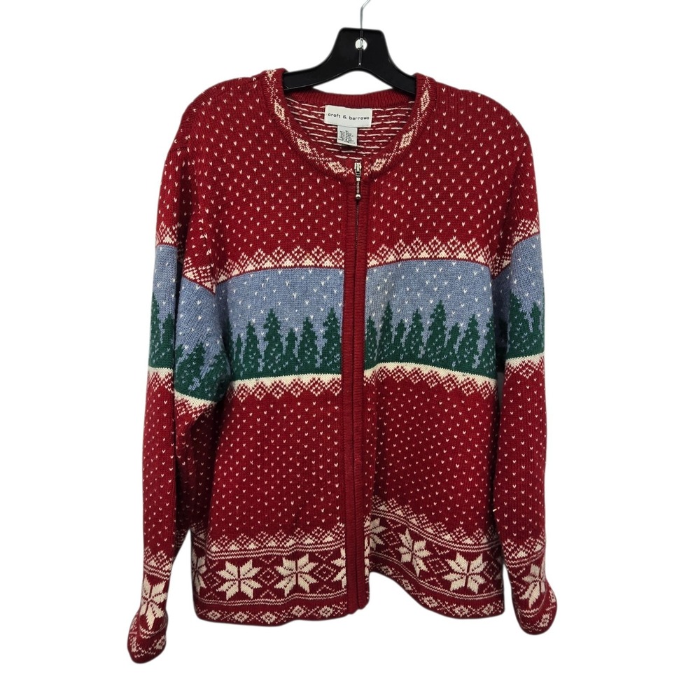 Vintage 90s Y2K Nordic Zip Sweater Womens XL Red Fair Isle Forest Trees Nature